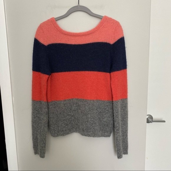 Equipment Femme Sweater Calais Striped Peach Gray Blue Alpaca Wool Low V-Back - Picture 1 of 7